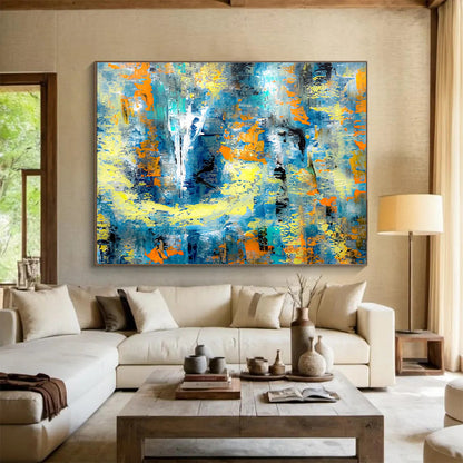 “Azure & Amber Abstract Odyssey” - Blue, Yellow & Orange Abstract Expressionist Painting On Canvas DKH924