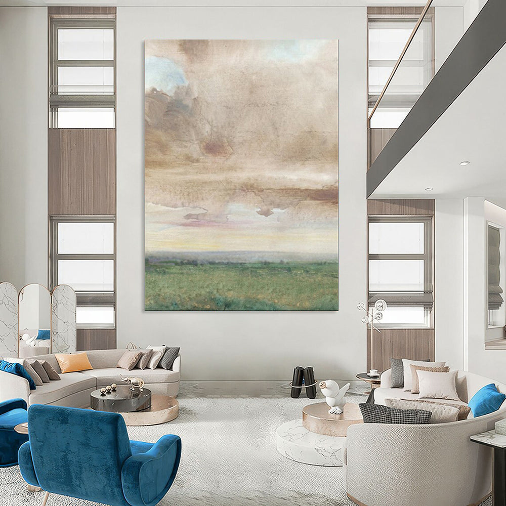 “Muted Sky Over Green Fields” – Watercolor Landscape Painting On Canvas CT2116