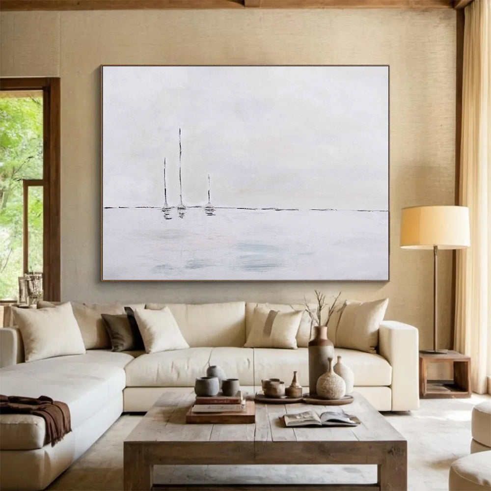“Minimalist Sailboats in White” - White & Gray Maritime Minimalist Painting On Canvas DLZ261