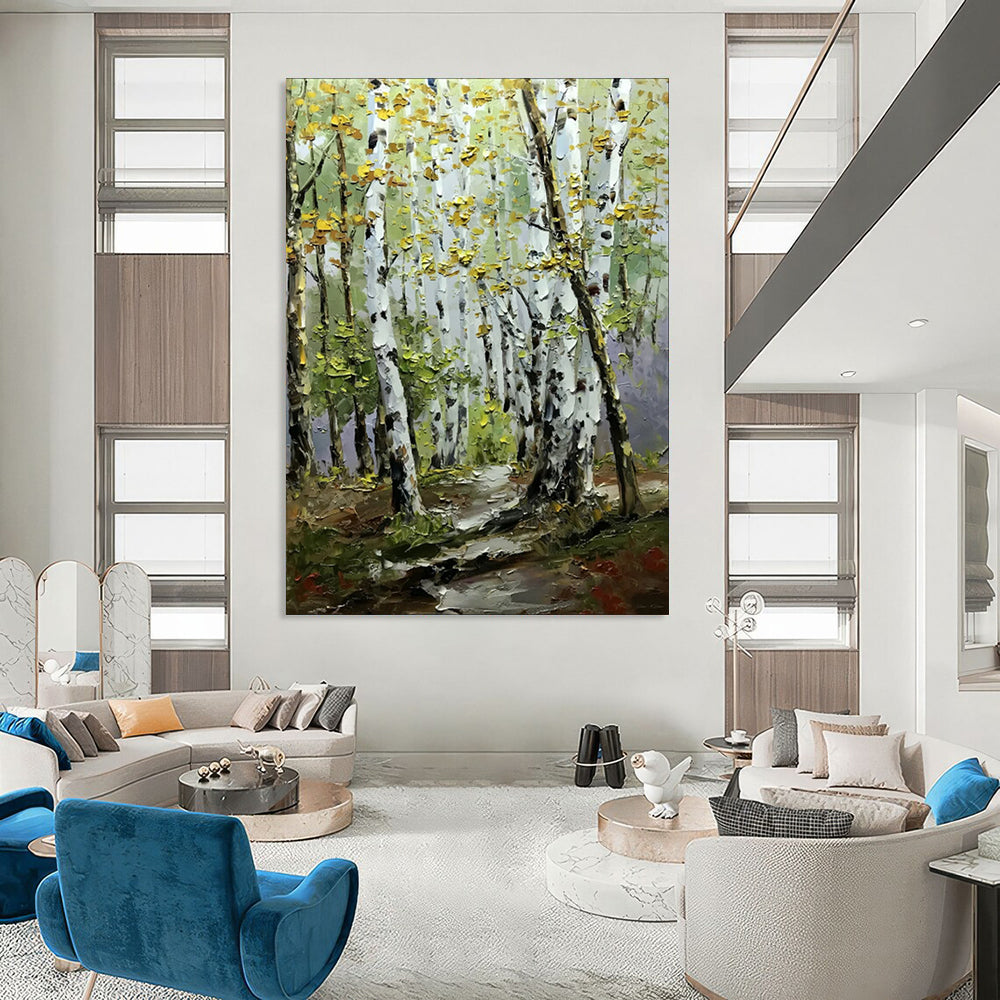 “Golden - Hued Birch Forest Path” – Impasto Landscape Oil CT2093