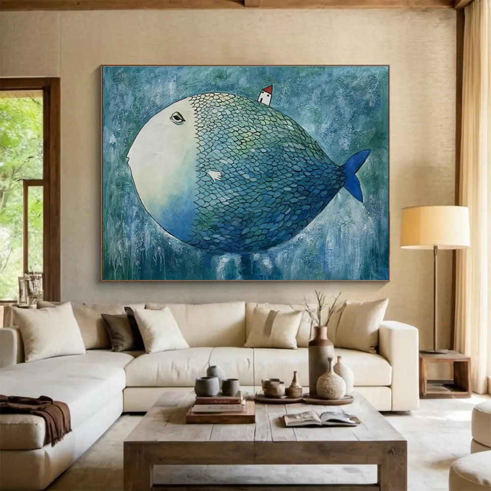 Whimsical Big Fish with House Surreal Painting On Canvas DKH218