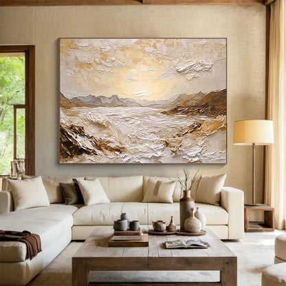 “Textured Golden Sea & Mountains” Impasto Scenic Painting On Canvas DKH460