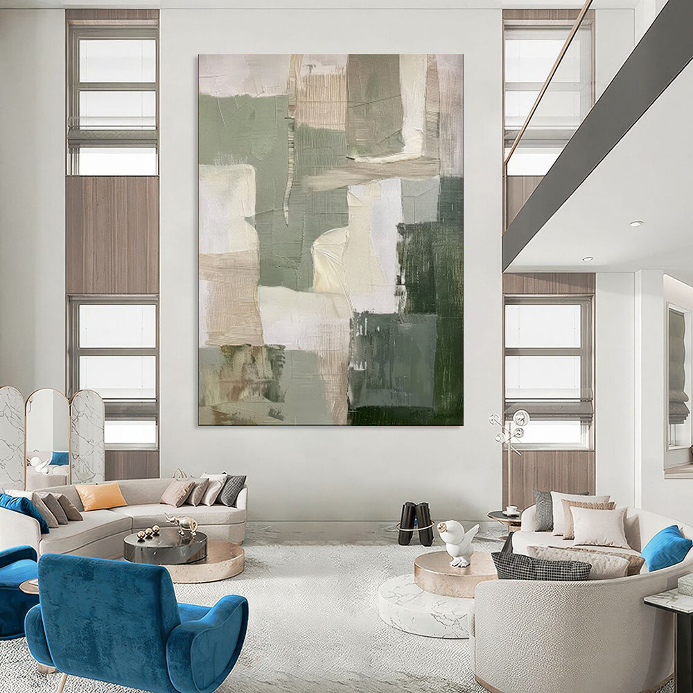 “Earthy Tones Patchwork” – Abstract Geometric Oil Painting with Green and Beige Blocks CT2053