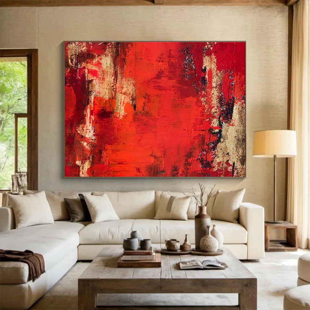 Dynamic Red and Beige Abstract Painting On Canvas DKH296