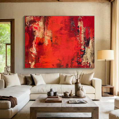 Dynamic Red and Beige Abstract Painting On Canvas DKH296