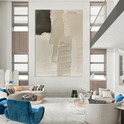 “White Fragmented Story” - White & Black Textured Shapes Painting On Canvas DKH1162