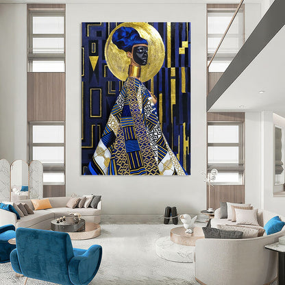 “Regal Blue & Gold Figure” - Afro - Centric Inspired Portrait Painting On Canvas DKH1624