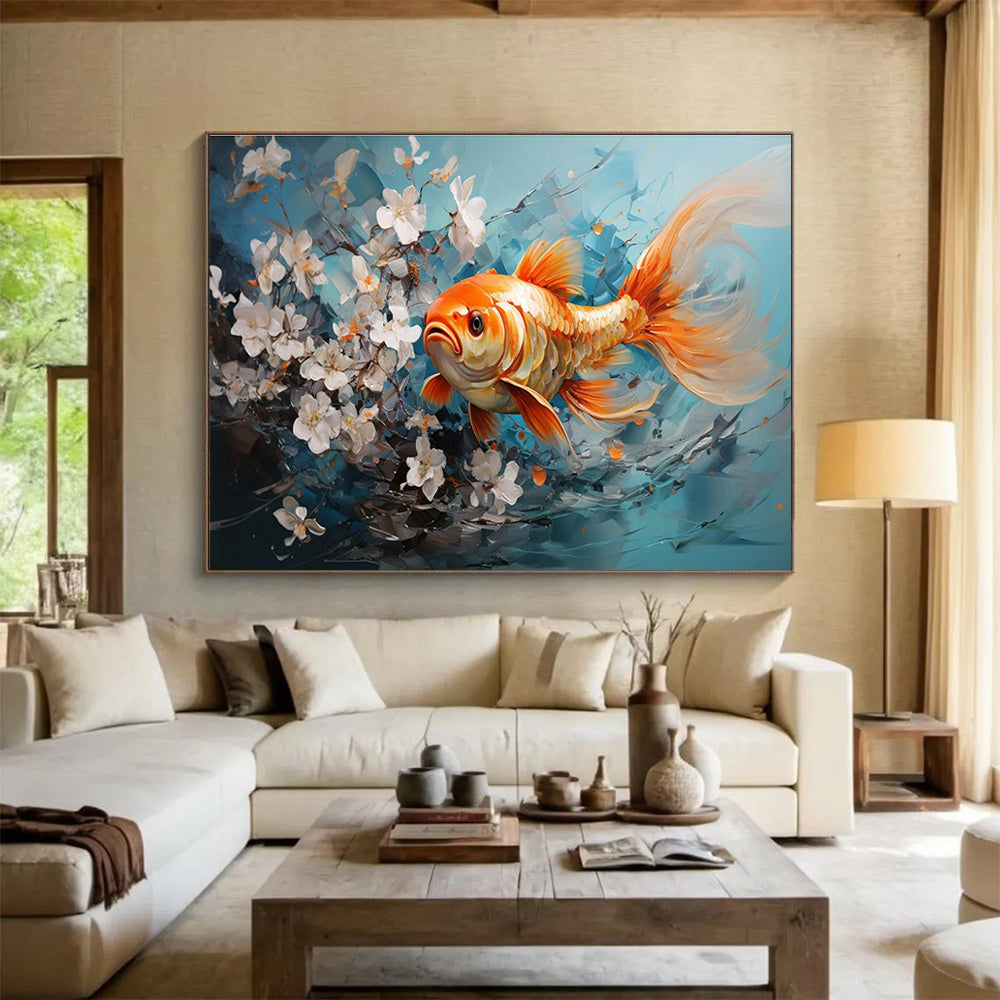 “Goldfish Among White Blossoms” - Blue, Orange, White Realistic Figurative Painting On Canvas DKH764