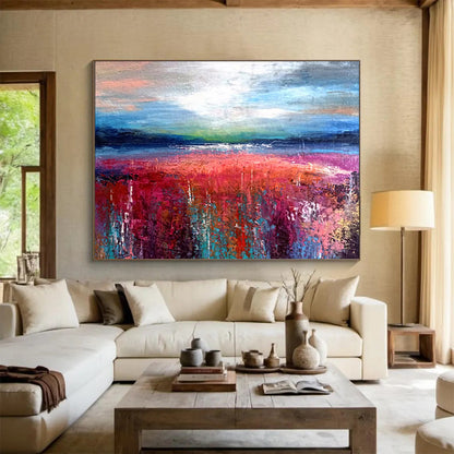 “Colorful Field Abstract - Pinks, Reds, and Blues Under a Dynamic Sky” Painting On Canvas DKH010