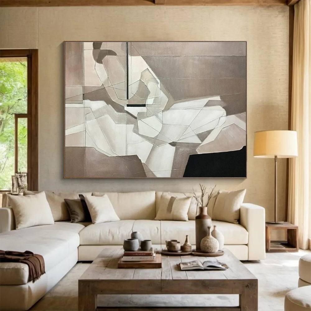 “Monochrome Geometric Abstraction” Cubist - Inspired Painting On Canvas DKH350