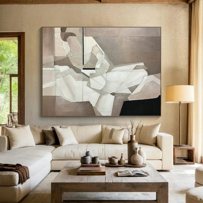 “Monochrome Geometric Abstraction” Cubist - Inspired Painting On Canvas DKH350