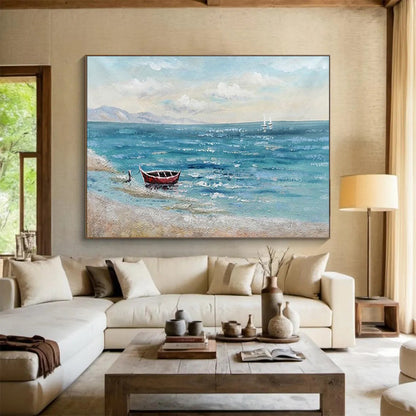 Blue Sea and Red Boat - Impressionist Seascape Painting On Canvas DLZ224