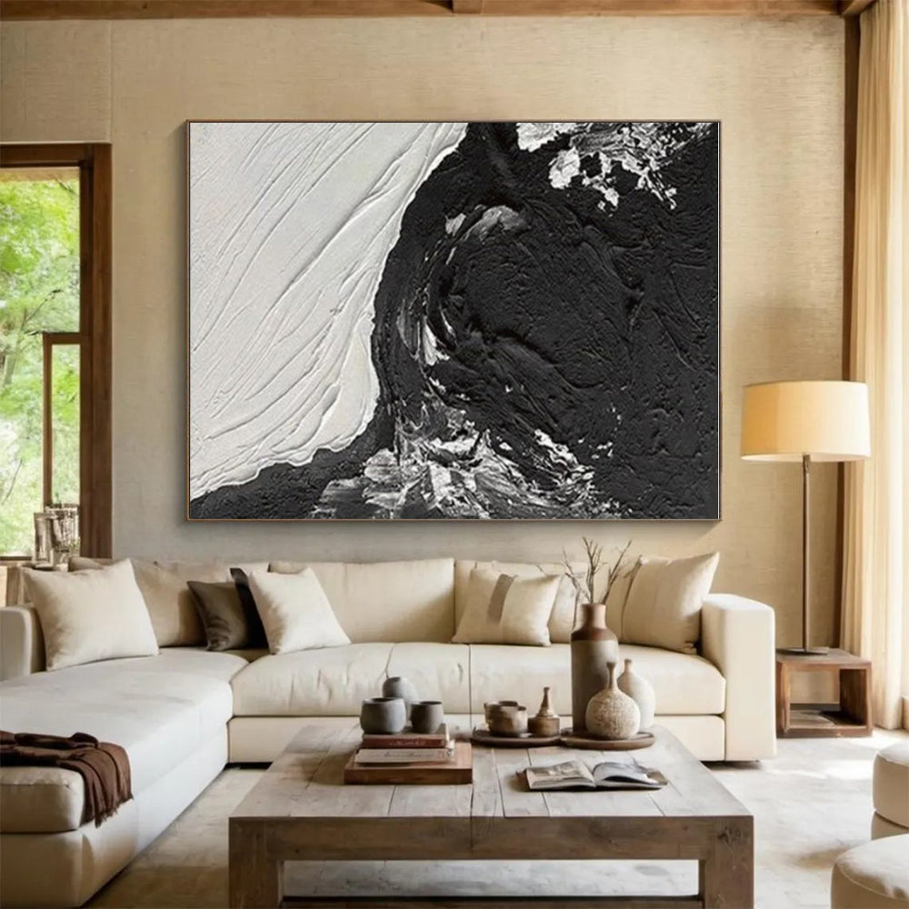 Black - White Textured Contrast, “Night & Ice” - Abstract Textured Acrylic Painting CT0735