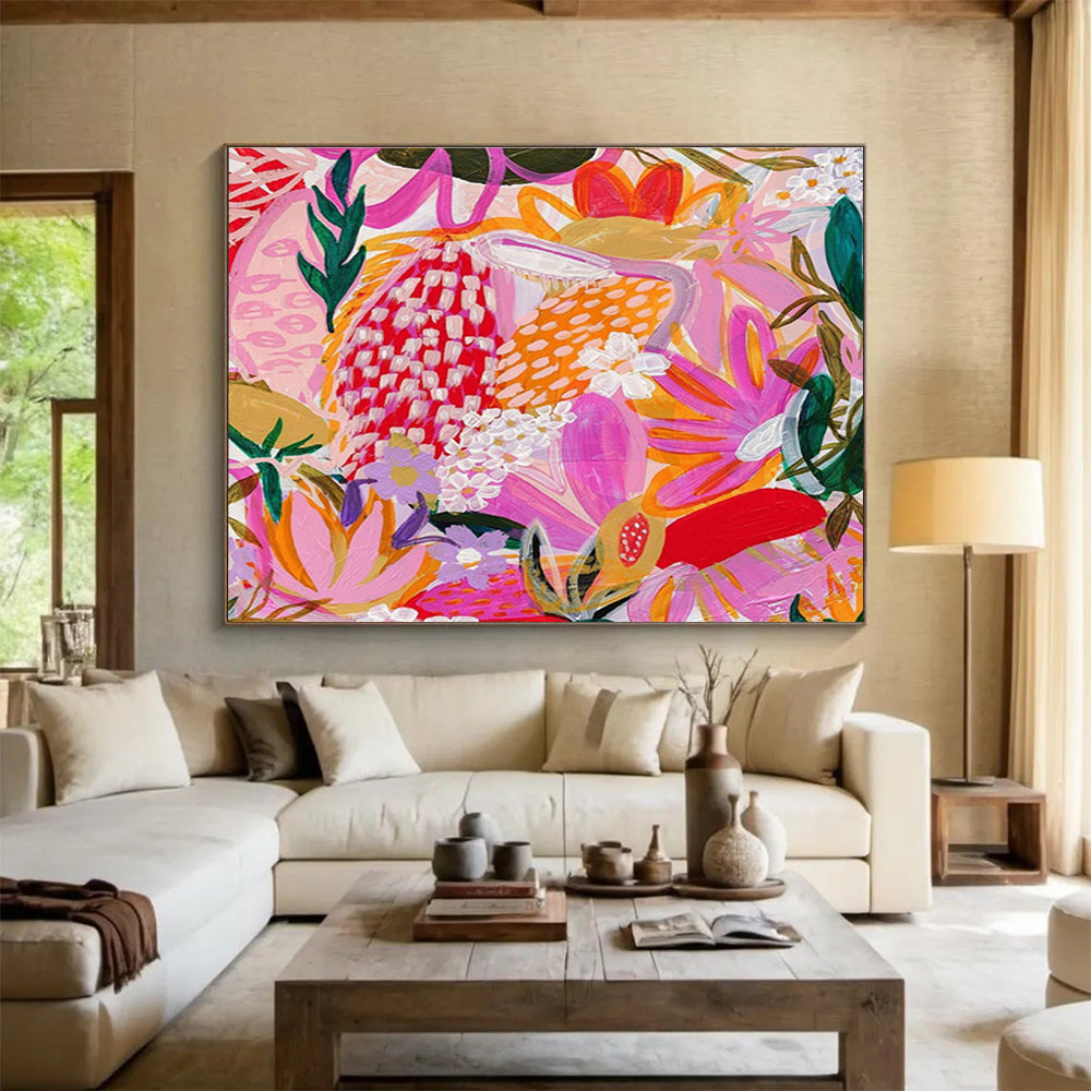 “Tropical Floral Fiesta” - Pink, Purple, Orange Exotic Floral Folk - Art Inspired Painting On Canvas DKH708
