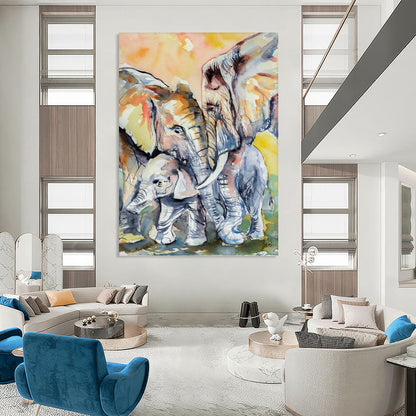 “Watercolor Elephant Herd” - Family - Themed Watercolor Painting On Canvas DKH1646