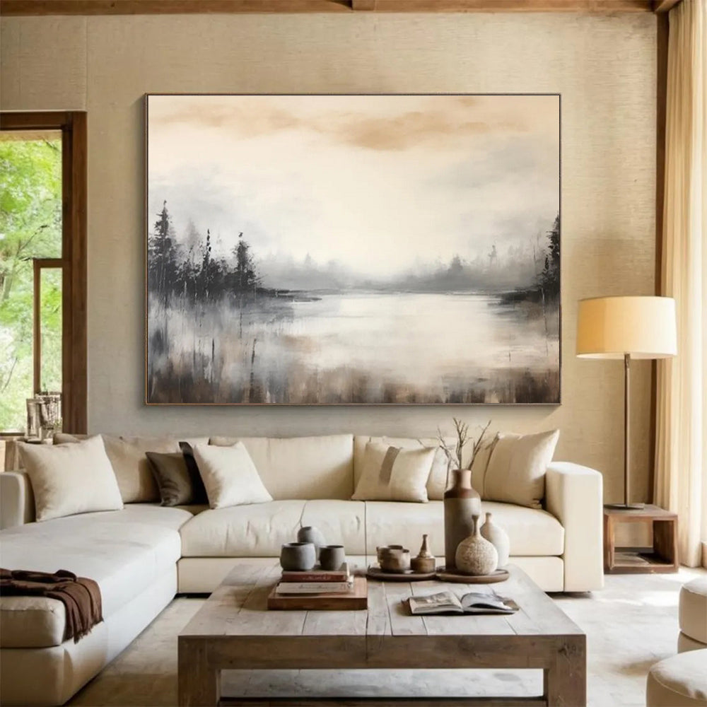 Muted Tones Lake Landscape Painting On Canvas DKH329