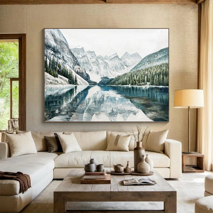 Blue and White Mountain Lake Reflection - Realist Landscape Painting On Canvas DLZ221