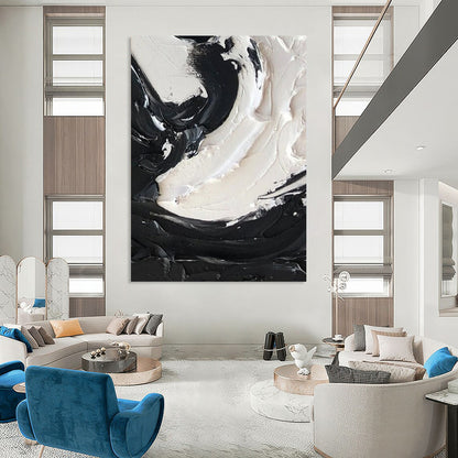 “Black, White Swirl ‘Powerful Balance’” - Impasto Abstract Painting On Canvas DTP385