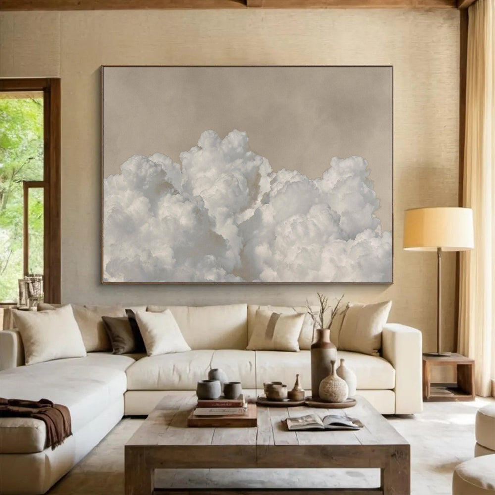 Fluffy Clouds and Beige Sky “Serene Skyward Clouds” Painting On Canvas DKH126