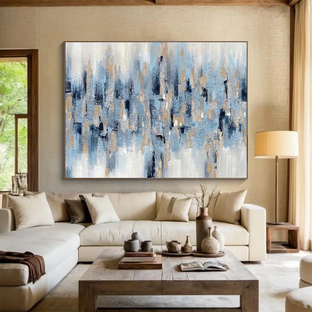 Blue - Gold Abstract Shower - Abstract Expressionist Painting On Canvas DKH601