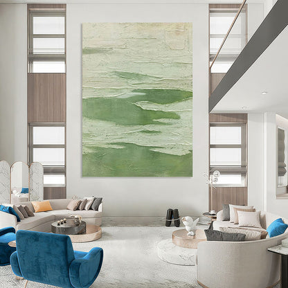 “Textured Green & White Layers” - Green & White Textured Abstract Painting On Canvas DKH1217