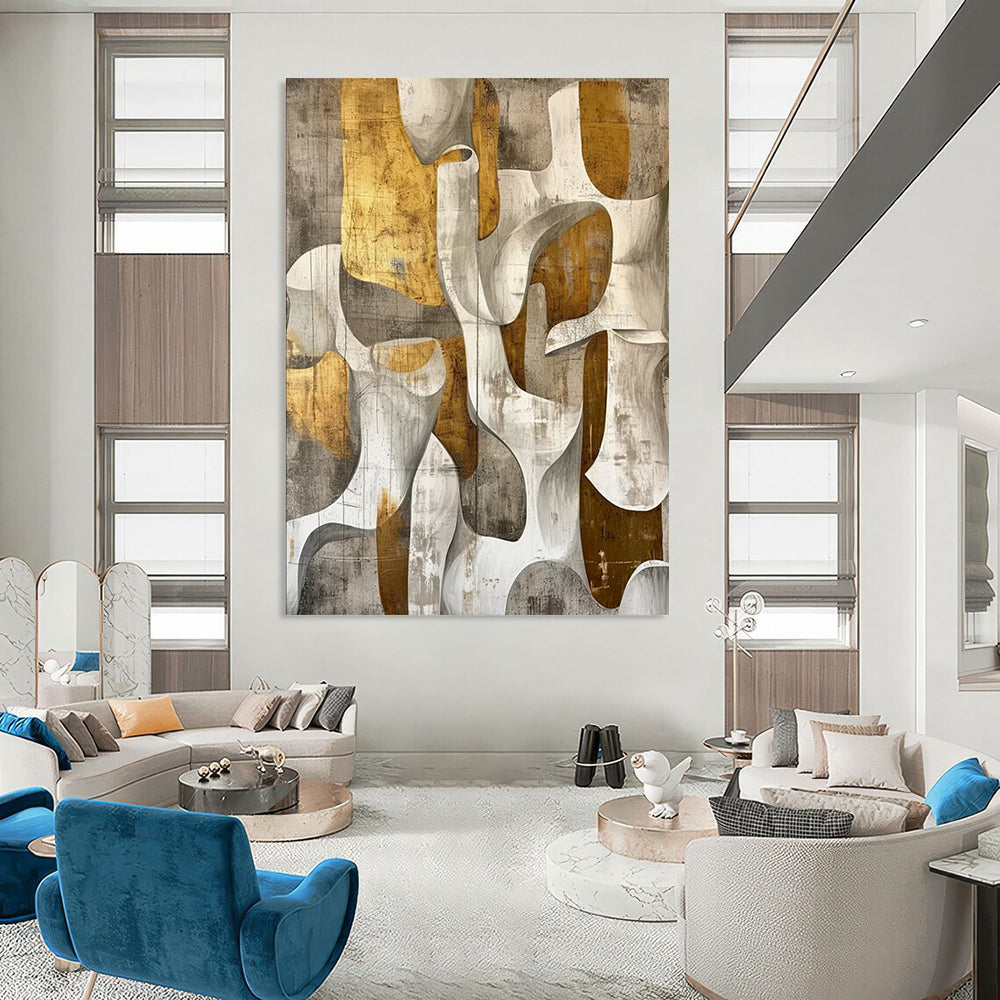 “Gold - Gray Abstract Shapes” - Modernist Impasto Painting On Canvas DTP011