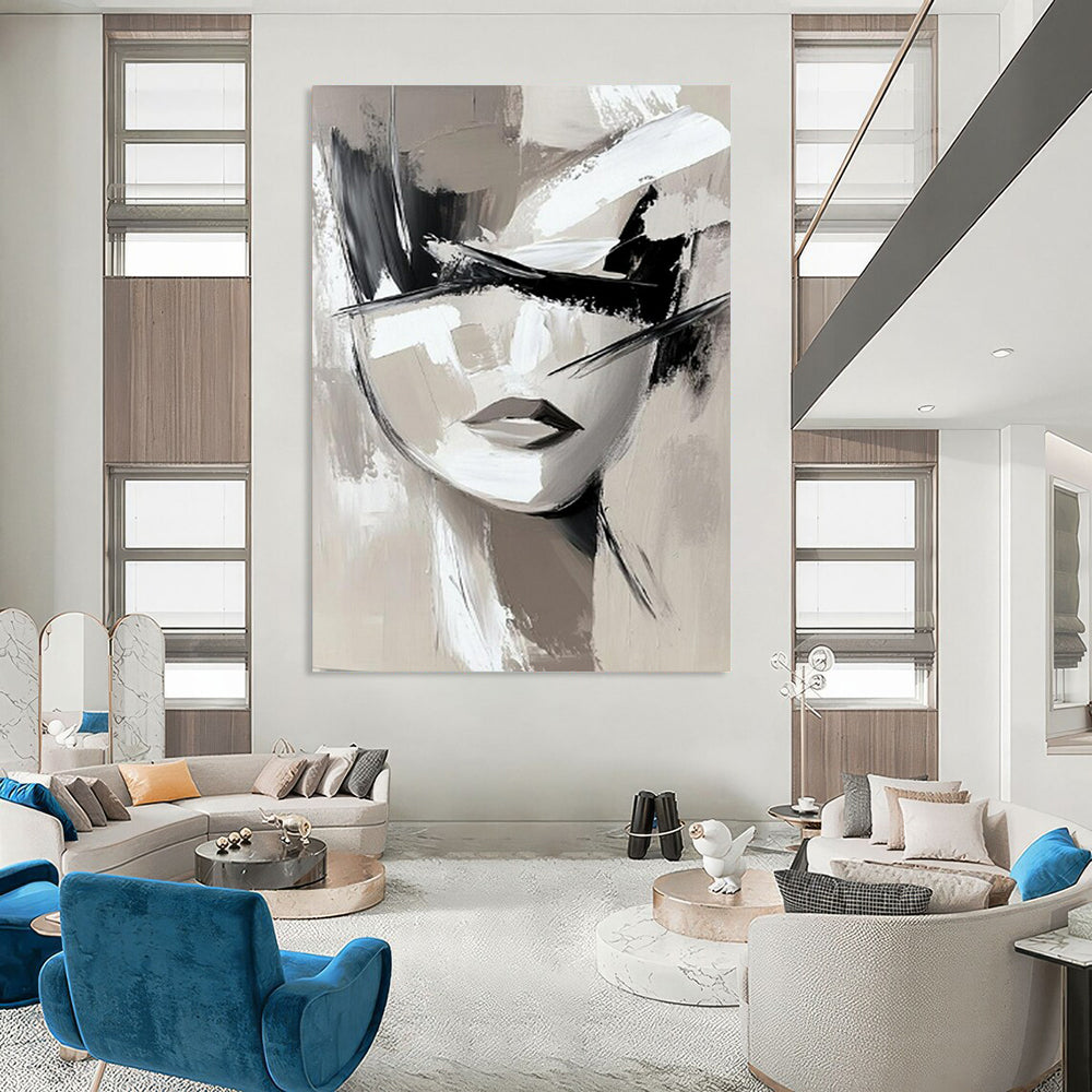 “Monochrome Abstract Face” - Black, White & Gray Abstract Portrait Painting On Canvas CT2193