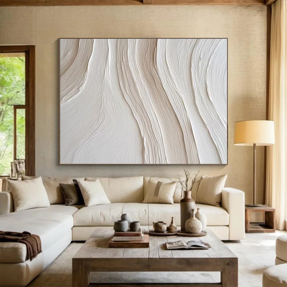 White - Beige Wavy Textures, “Cloud Drift” - Textured Abstract Plaster Painting CT0722