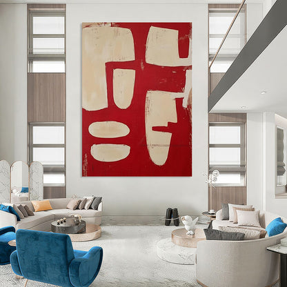 “Red & Beige Geometric Abstract” - Abstract Painting CT2367