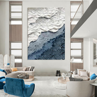 “White, Gray, Blue Textured Shore ‘Coastal Layers’” - Impasto Sea & Sand Painting On Canvas DTP325