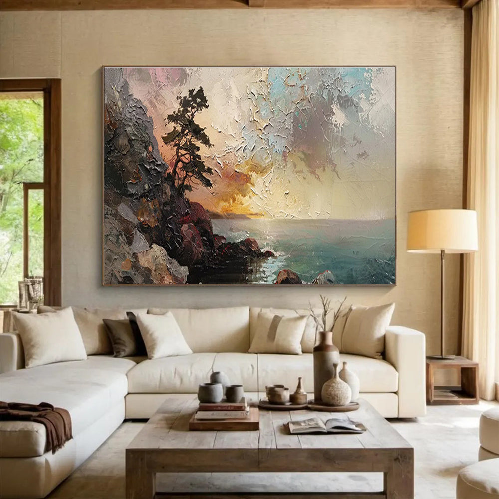 “Coastal Pine & Sunset” Impasto Seaside Painting On Canvas DKH463
