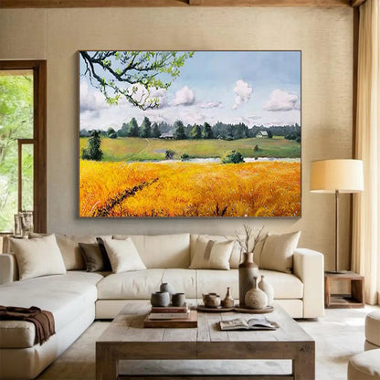 Golden Field and Cottage - Realist Landscape Painting On Canvas DLZ208