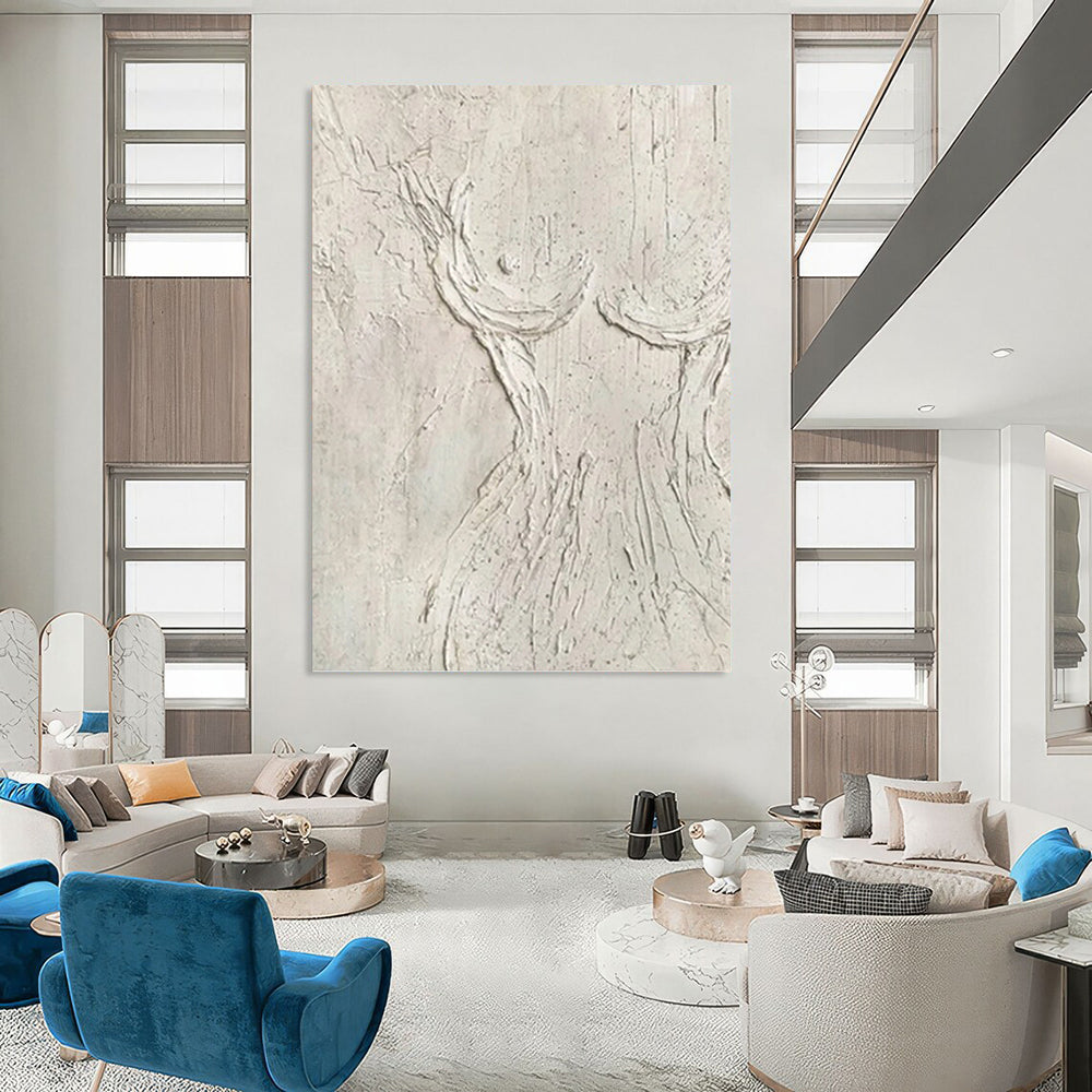 “White Textured Abstract Tree Form” Painting On Canvas DKH0989