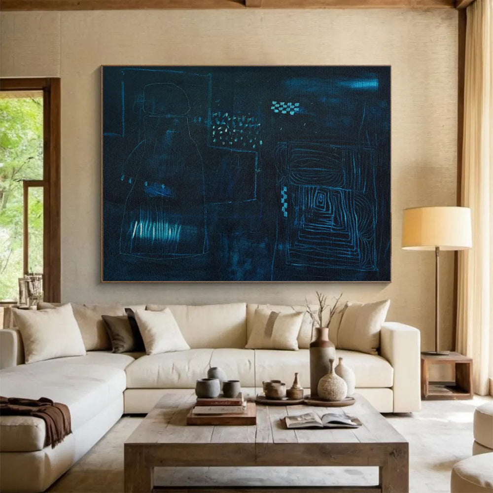 “Deep Blue Abstract Night Forms - Dark Blues and Subtle Lines” Painting On Canvas DKH023