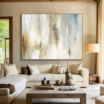 Beige, Blue, and Gold Abstract “Earthy Sky Abstraction” Painting On Canvas DKH137