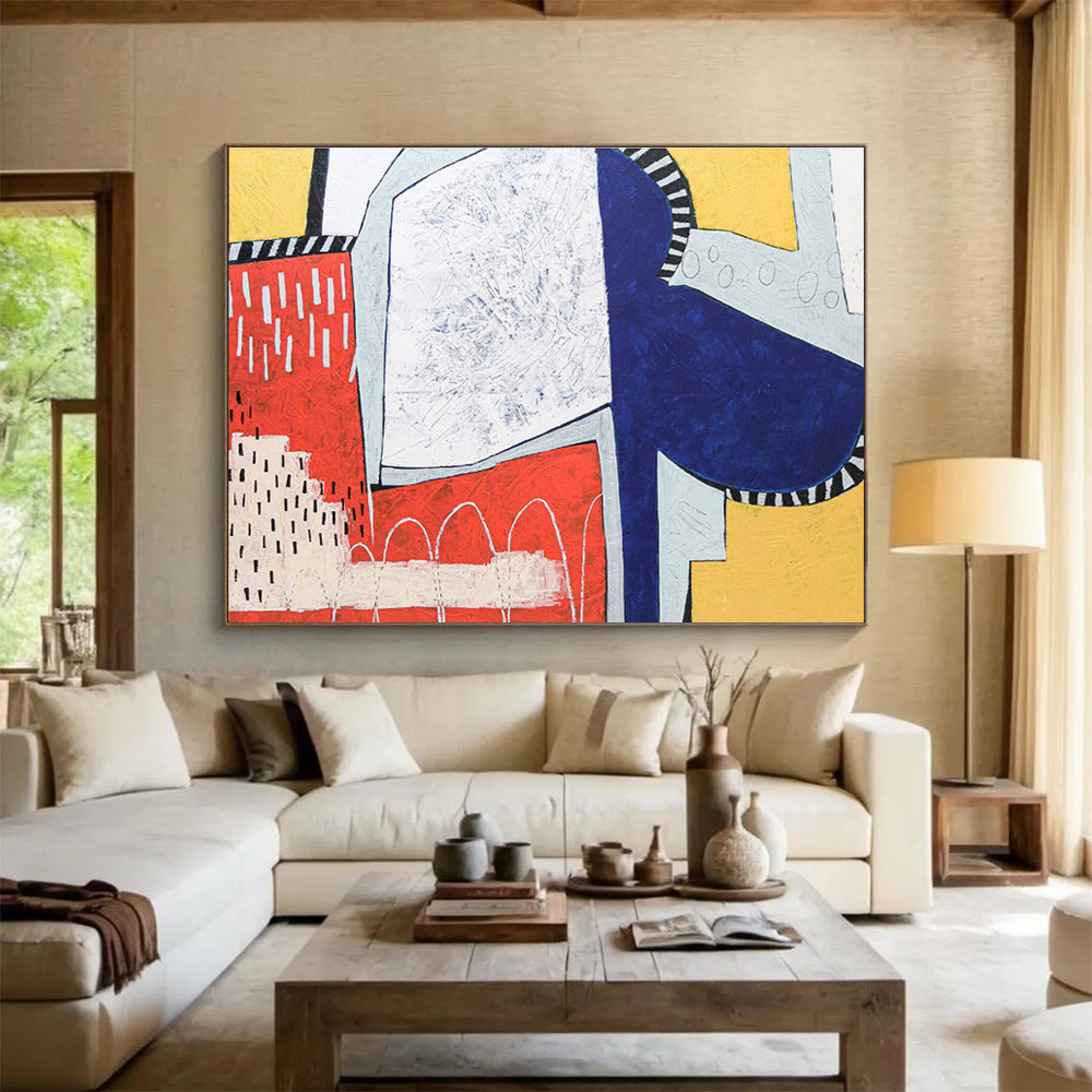 “Red - Blue Geometric Contrast” Abstract Acrylic Painting On Canvas DKH544