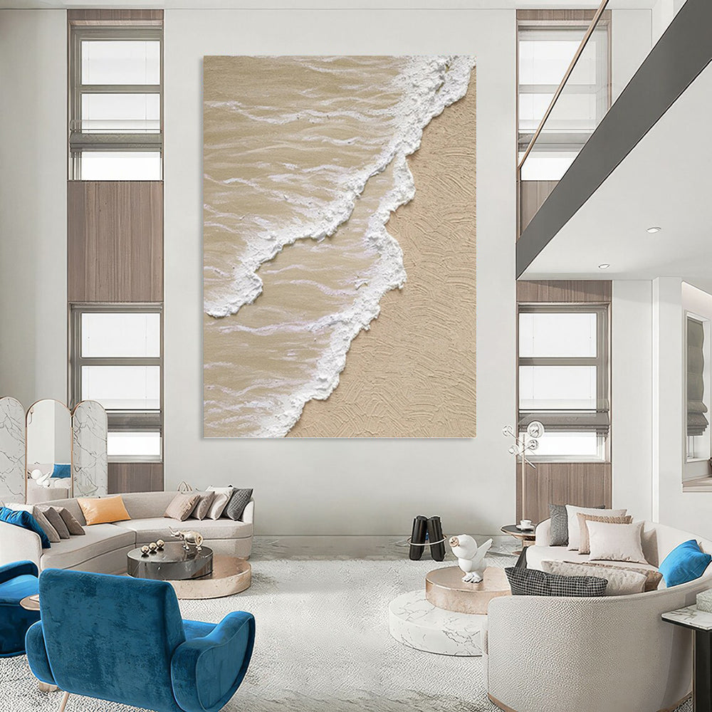 Beige and White Textured Seashore Painting On Canvas DKH1143