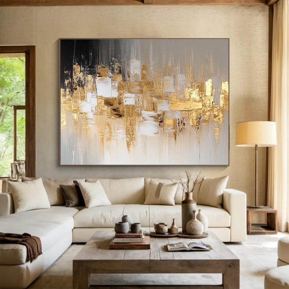“Gold - Grey Urban Abstraction” Abstract Cityscape Painting On Canvas DKH528