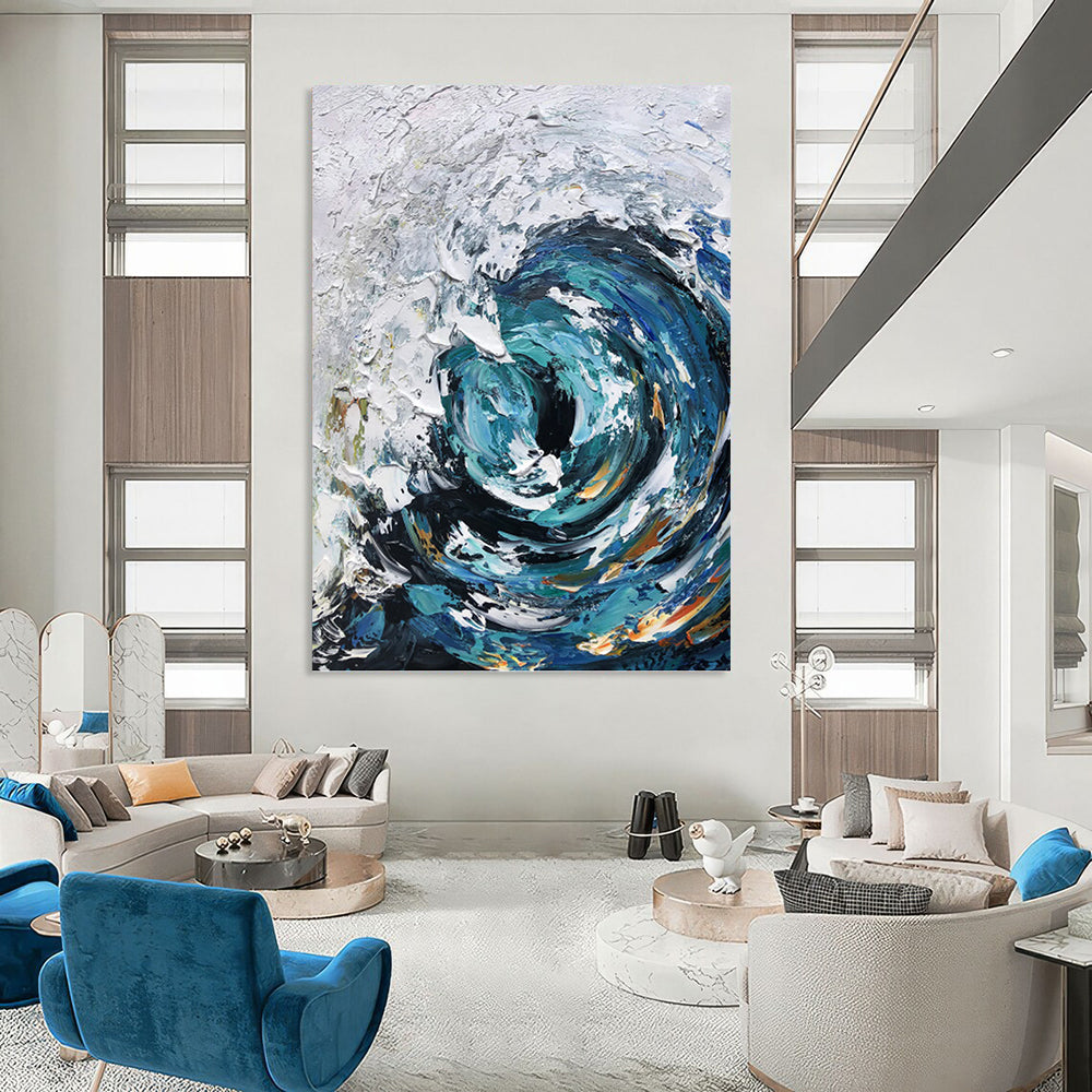 Turquoise and White Swirling Wave - Abstract Impasto Painting On Canvas DKH1295