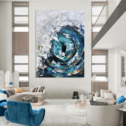 Turquoise and White Swirling Wave - Abstract Impasto Painting On Canvas DKH1295
