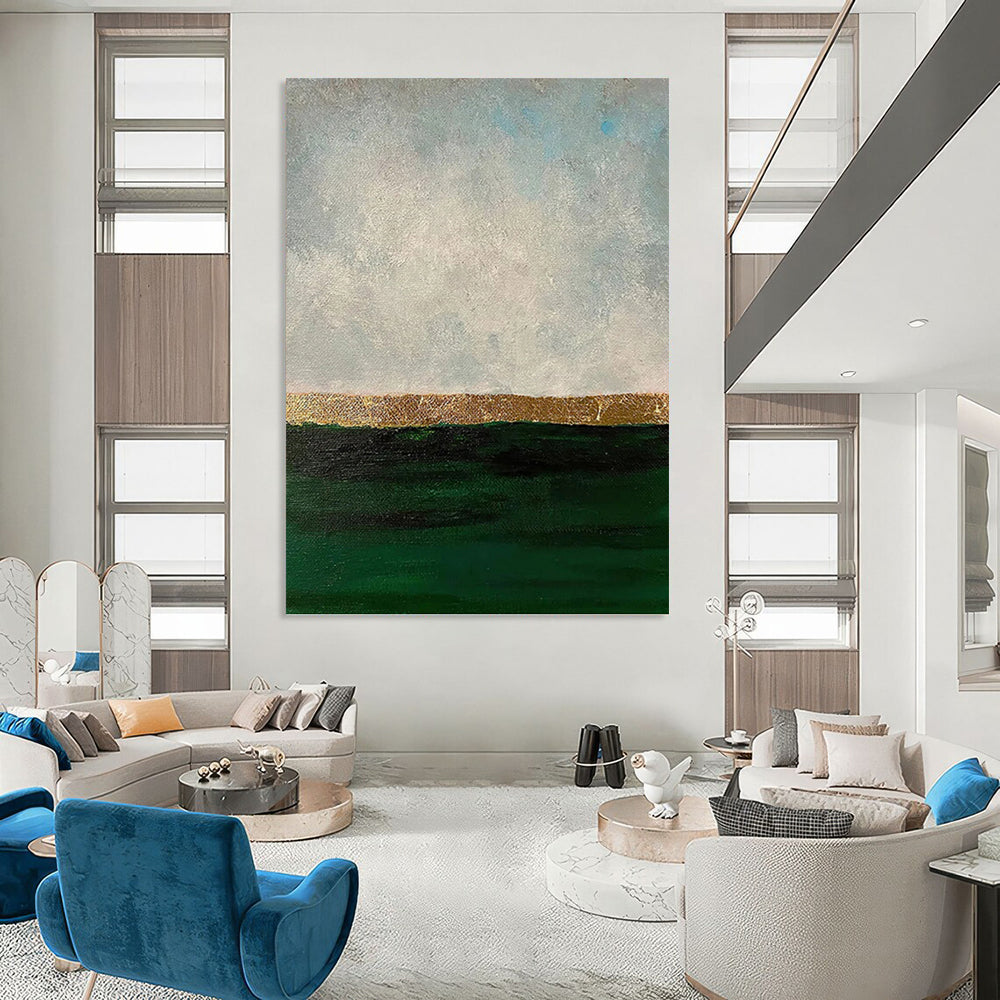 “Gold Horizon Over Green Sea” - Gray, Gold & Green Abstract Seascape Painting On Canvas DKH1206