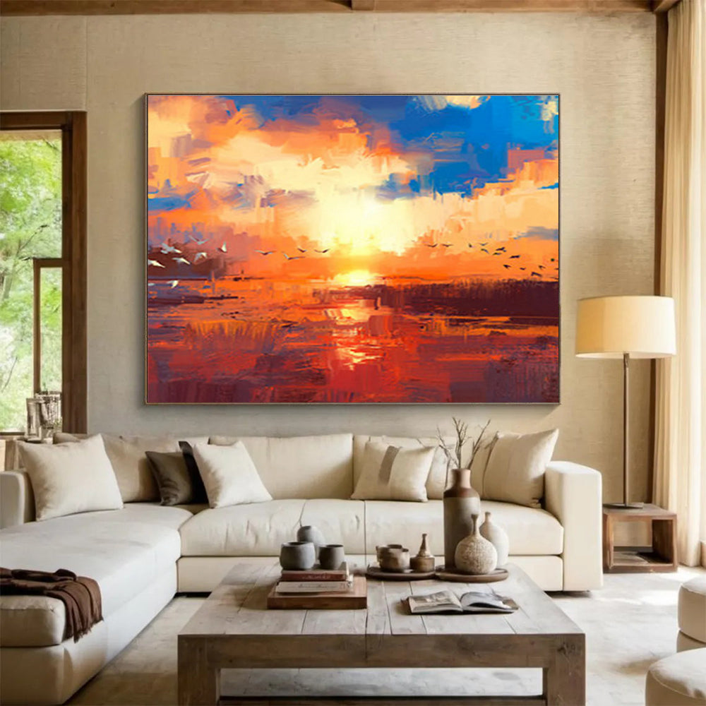 “Vibrant Sunset with Birds” Abstract Landscape Painting On Canvas DKH387