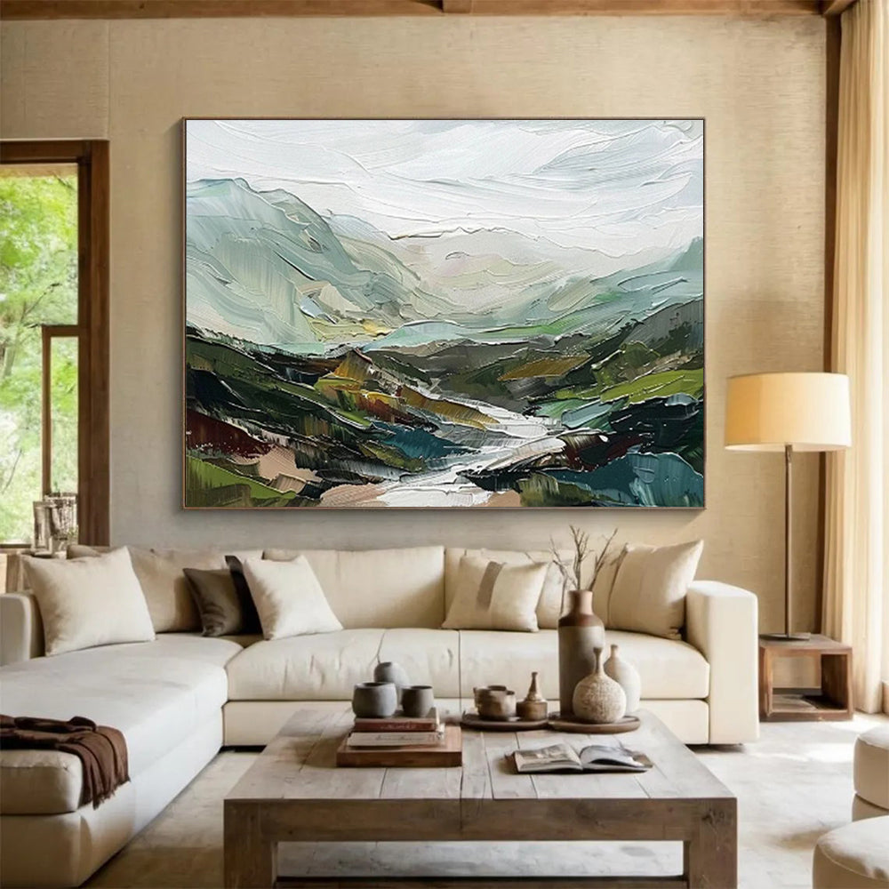 “Textured Mountain Vista” - Green, Blue, Gray Landscape Oil Painting On Canvas DKH725