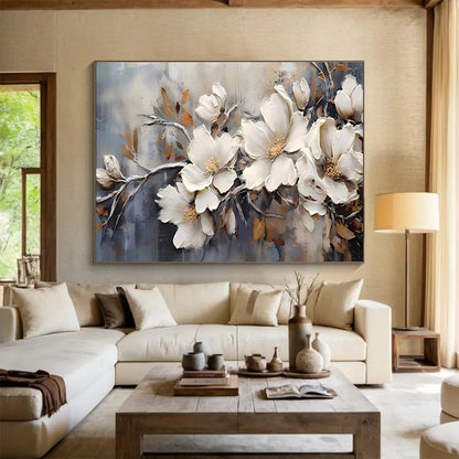 “Elegant Magnolias” - White, Gray, Gold Textured Floral Impasto Painting On Canvas DKH707