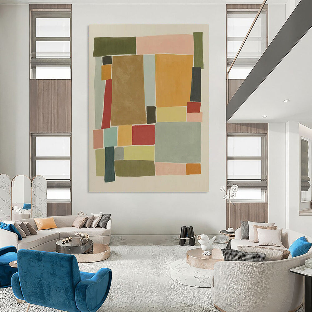 “Pastel Geometric Collage” - Pink, Green & Blue Minimalist Painting On Canvas DKH0964