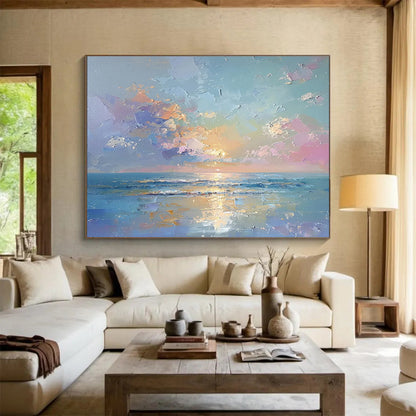 “Vibrant Seascape: Colorful Sunset Over Ocean” Impasto Oil Painting On Canvas DKH363