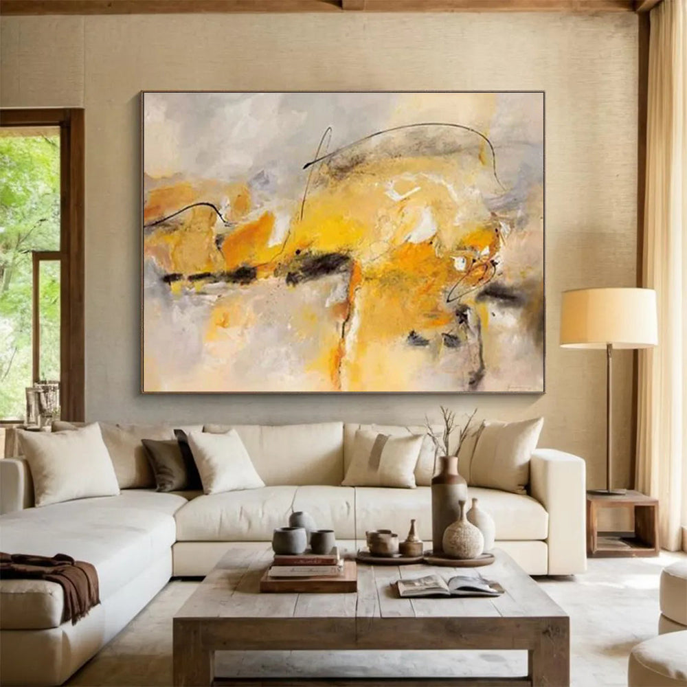 “Yellow - Gray Abstract Lines” Abstract Oil Painting On Canvas DKH431
