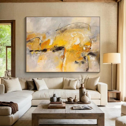 “Yellow - Gray Abstract Lines” Abstract Oil Painting On Canvas DKH431