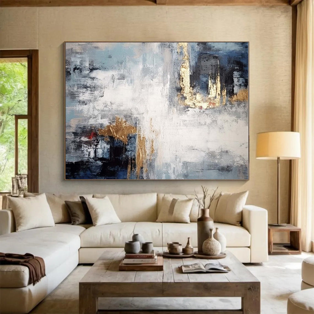 “Muted Blues, Grays, and Gleaming Gold Accents” - “Midnight Echoes”，Abstract Oil Painting CT0696