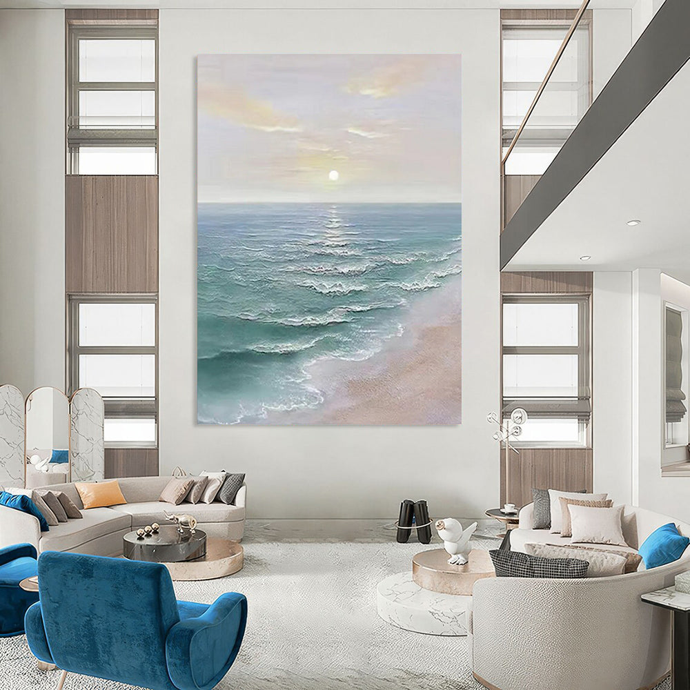 “Pastel, Blue, White Sunset Sea ‘Dreamy Dusk’” - Impasto Seaside Sunset Painting On Canvas DTP350